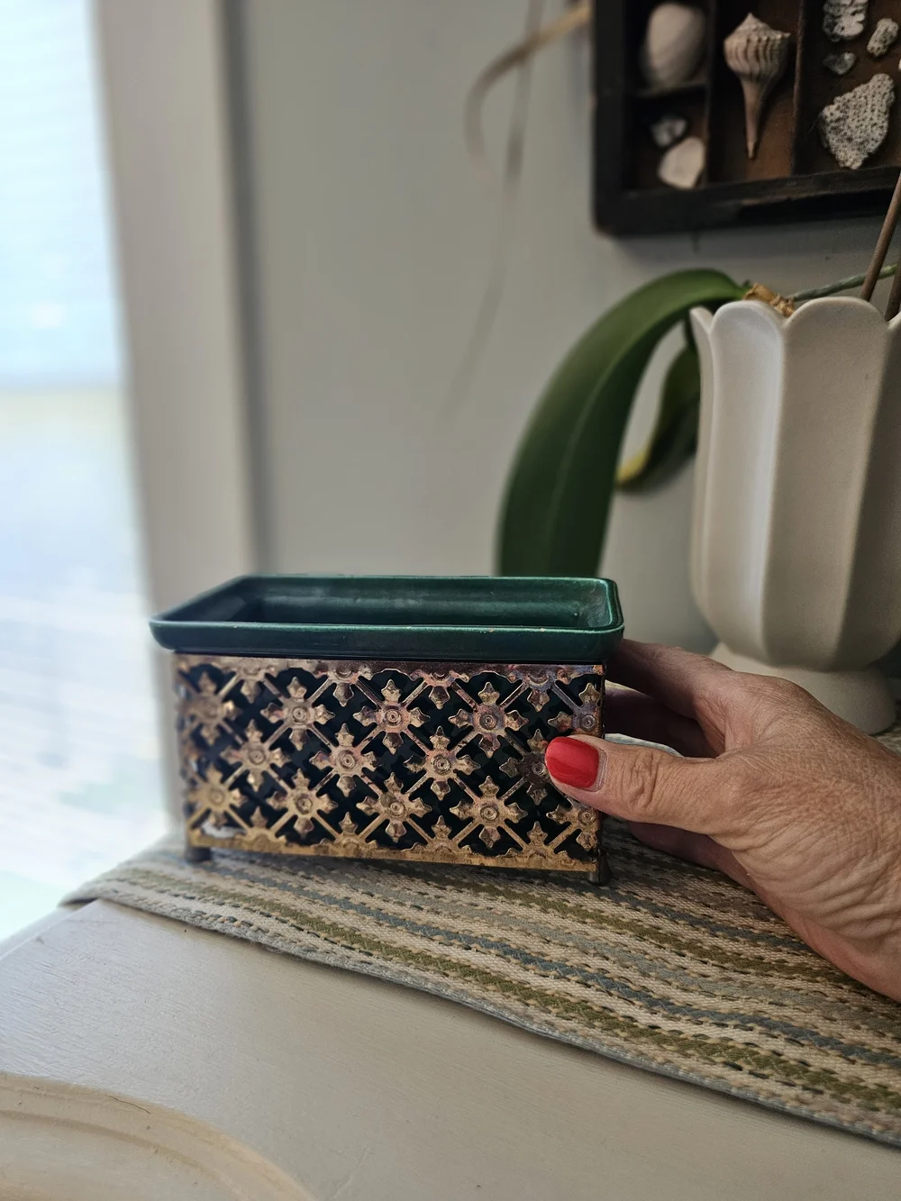 Decorative Green Ceramic Lined Metal Cachepot